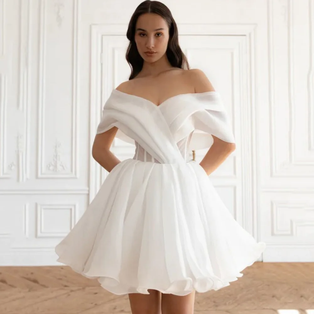 

Customized Simple Tulle A-Line Wedding Dresses Illusion Off Shoulder Bridal Gowns Mini Lace Up Bride Robes Robe De Mariée