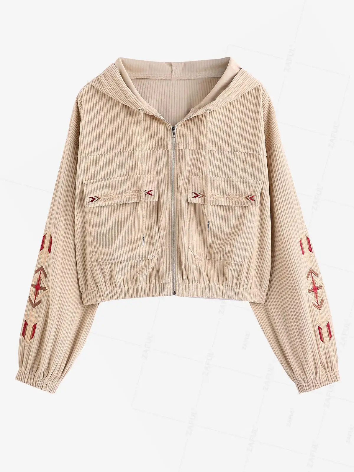 ZAFUL Women's Daily Ethnic Arrow Embroidered Hooded Long Sleeve Drop Shoulder Drawstring Zip Up Pocket Crop Jacket