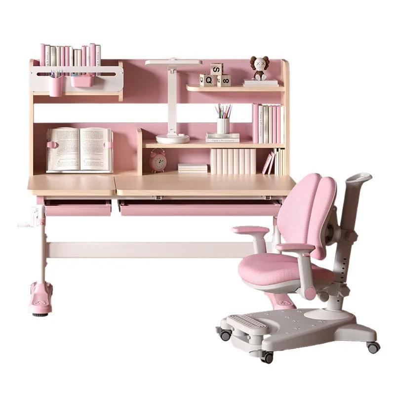 Lifting children's study table and chair set with bookshelf, primary school students' household homework desk manufacturer whole