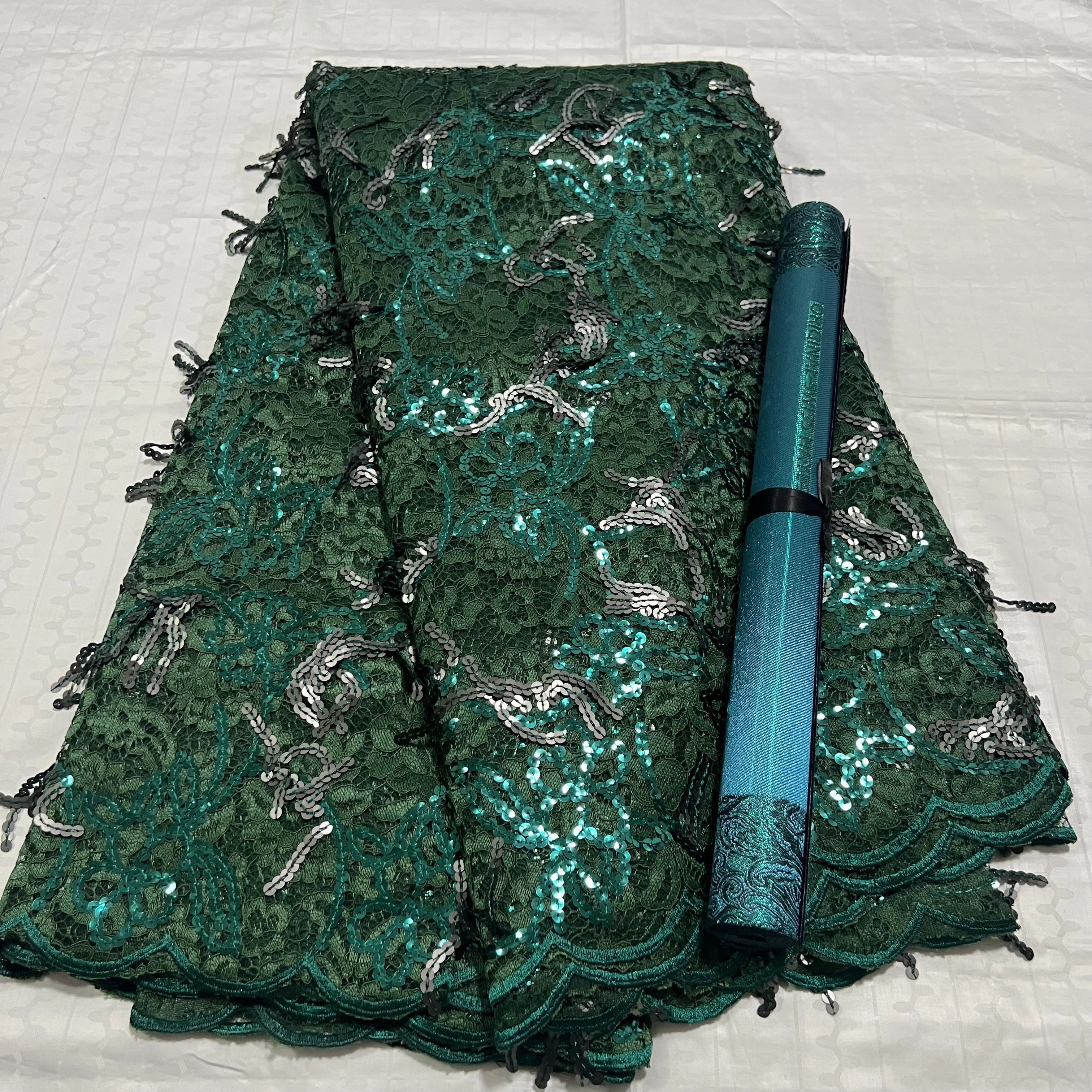 Luxury Fashion 5 Yards Guipure French Lace Fabric Sequins Embroidery With 3D Sego Hayes Headtie Wrap 2Pcs - Lace Material