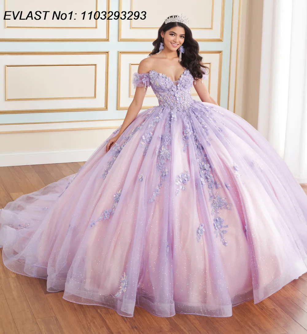 

EVLAST Customized Glitter Lilac Ball Gown Quinceanera Dress Floral Applique Beading Corset Sweet 16 Vestidos De 15 Anos E1QN281