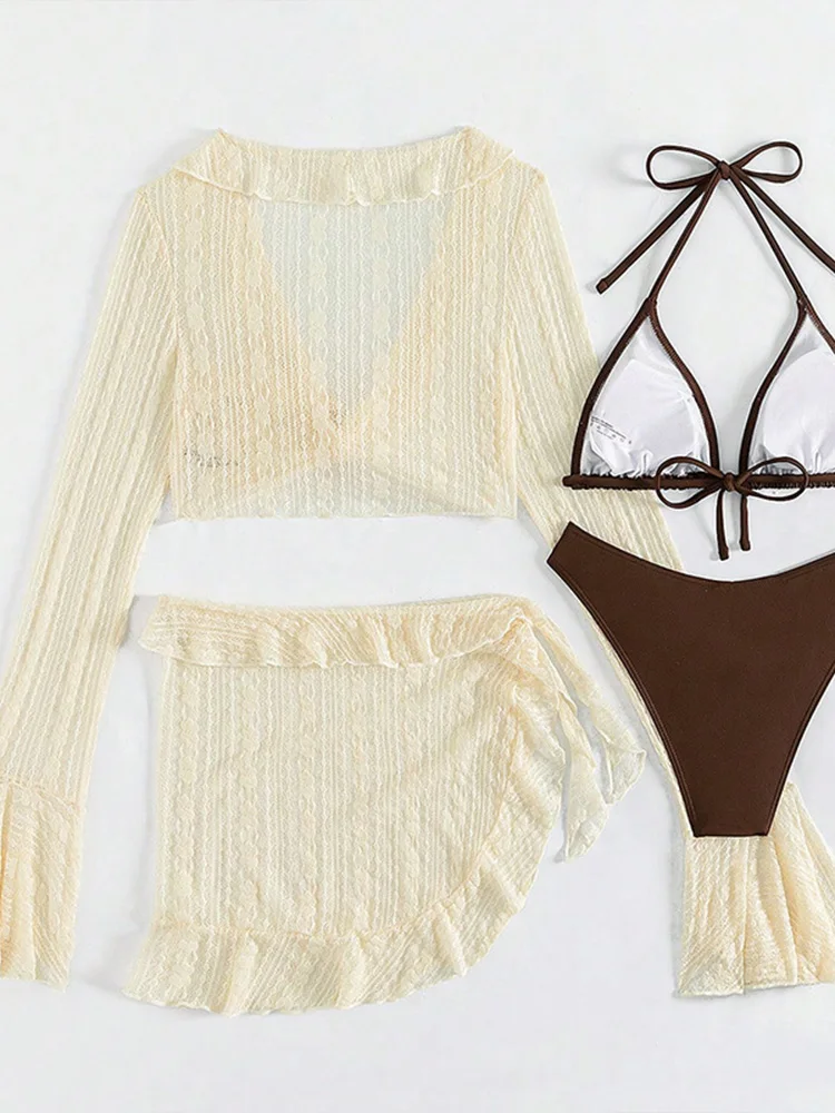 Fashion Sunscreen Long Sleeves Smock 4 Piece Set Women Split Swimsuit Beach Vacation Bikini 2026 New All Season Bikini Set