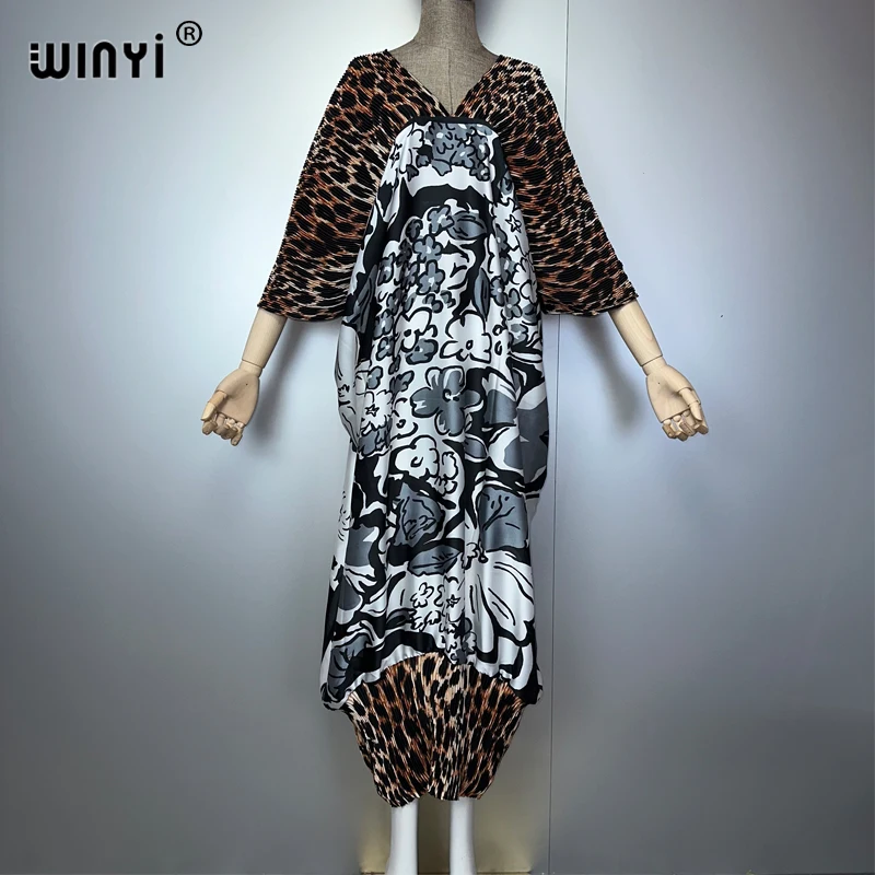 WINYI Abito estivo con stampa leopardata Donna design stropicciato Boho allentato abaya Dubai festa di lusso Elegante abito da sera pieghettato