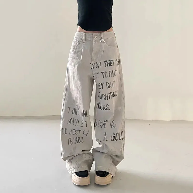 

2025 New Spring Autumn Graffiti letter Men and Women Jeans Korean Loose Wide-leg Cowboy Pants Female Extends Denim Pants Ladies