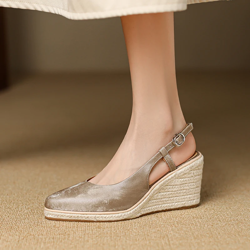

New Spring Women’s Wedge Pumps Shoes Woman Wedge Heel Sandals Elegant Summer Lady Hemp Espadrilles Sandal Round Toe Pumps