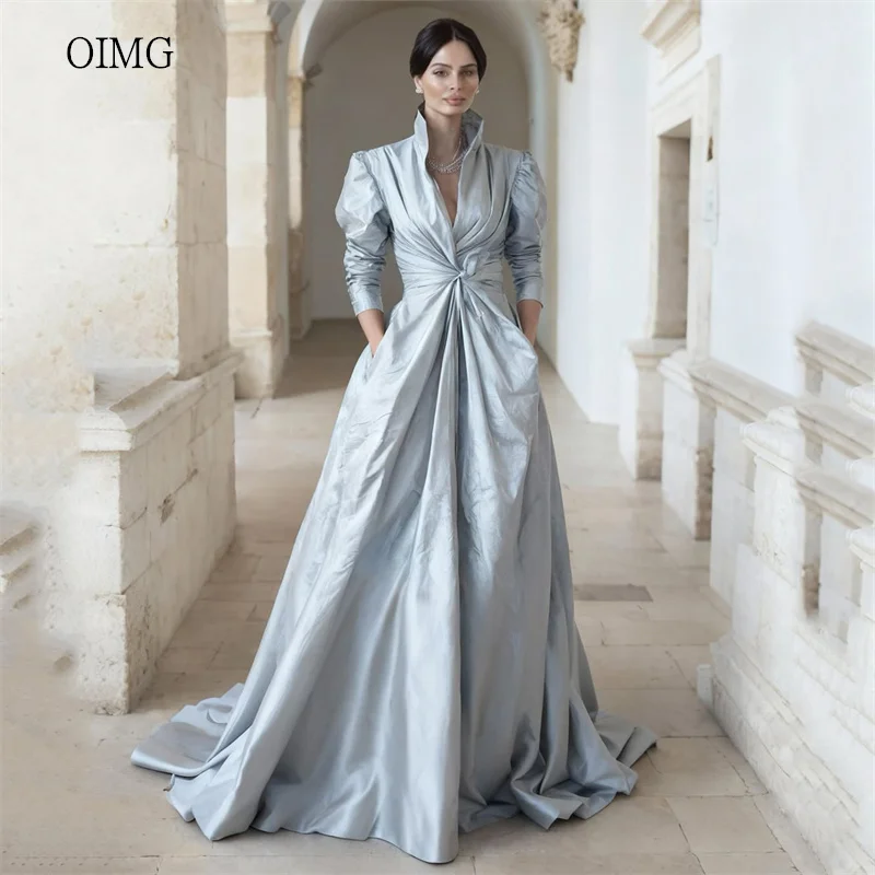 

OIMG Modern Blue High Neck A Line Prom Gowns Long Sleeves Pleated Formal Party Gown Floor Length Evening Dress Customized