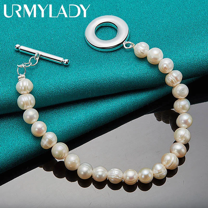 

URMYLADY 925 Sterling Silver 8MM Natural Pearl Bracelet For Women Wedding Engagement Party Fashion Jewelry