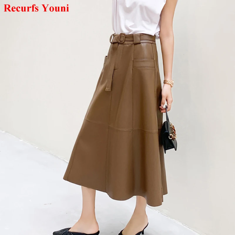 Genuine leather Maxi Skirt Women Feminino Retro Long Big Pocket A-line Umbrella Saia With Belt Chic Streetwear Jupe Longue Femme