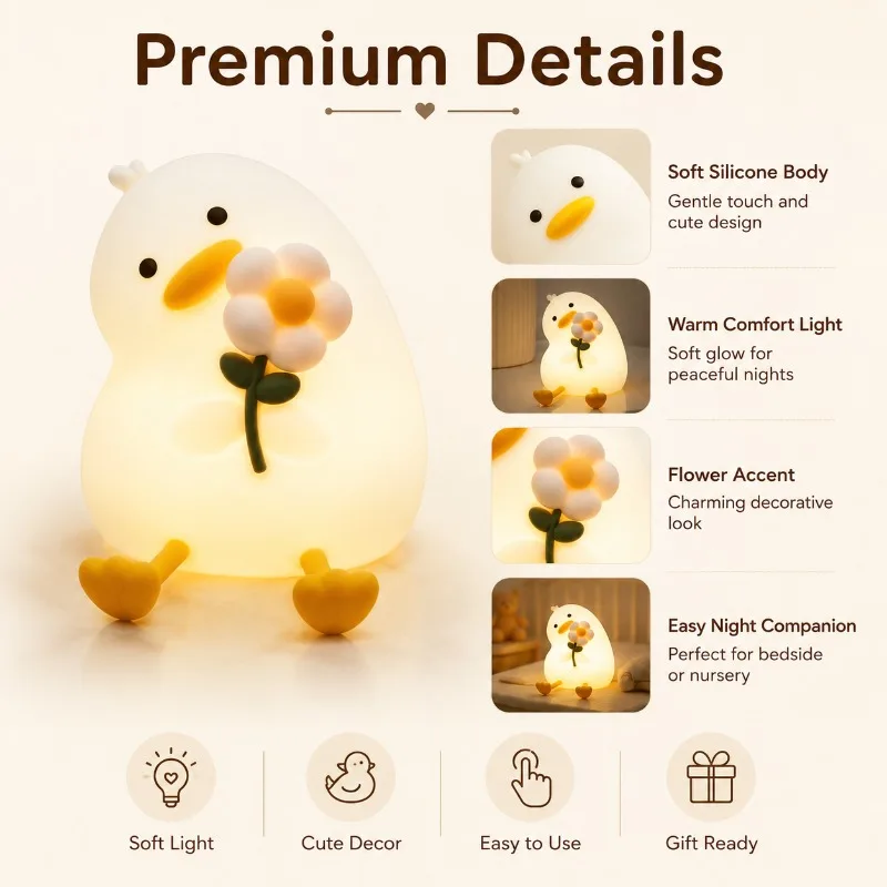Cute Duck Flower Night Light Silicone Rechargeable 3 Brightness Dimmable Lamp 30Min Timer Kids Bedroom Nursery Gift Decor
