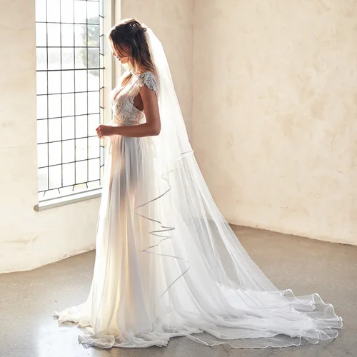 Imagen 2 del producto Velo de novia con borde de cinta, velos de novia de 2 niveles, cubierta hasta la catedral de boda, velo de tul italiano suave delantero y trasero V97