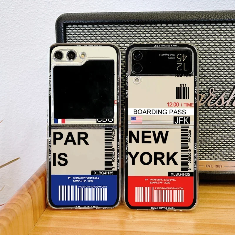 Hot Ticket Travel Label New York London Seoul Phone Case For Samsung Galaxy Z Flip 5 4 6 Hard Clear Cover For ZFlip6 3 Fundas