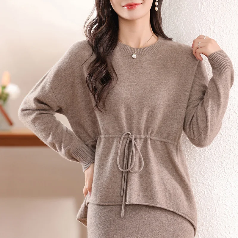 Autumn Winter Women's Round Neck Pullover 100% Merino Wool Striped Irregular Sweater Fashion Korean Version Of Knitted Top