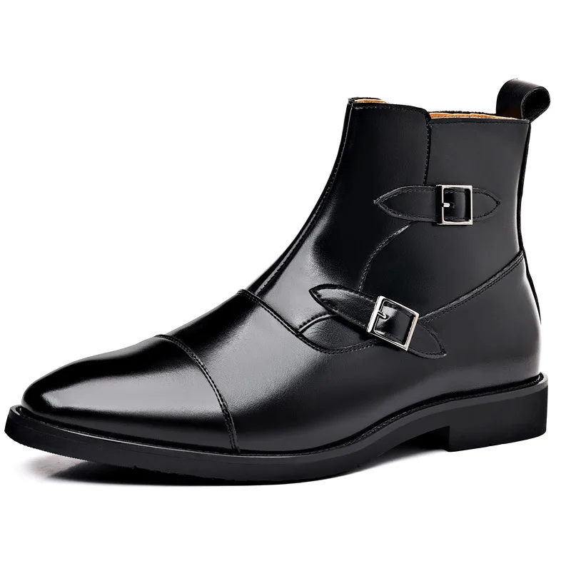 Men\'s Classic Trendy Leather Short Boots Men British Style Ankle Boot Mens High-top Buckle Zip Shoes