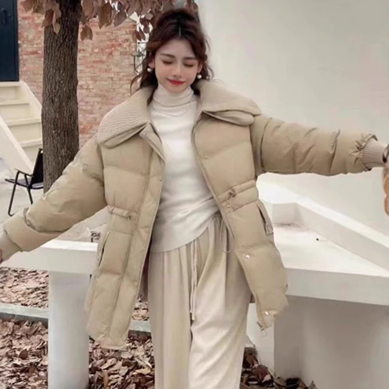 الشتاء متماسكة التلبيب لصق منتصف طول أسفل سترة الإناث الرباط سميكة الدافئة سترة المرأة الأبيض بطة أسفل جيب باركر أبلى