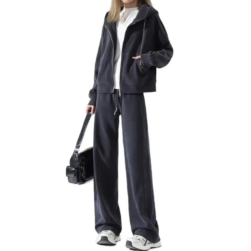 

Women's Chenille Casual Sports Suit Wide Leg Pants Sweatshirt Jacket Two-Piece Set Spring Autumn Winter New