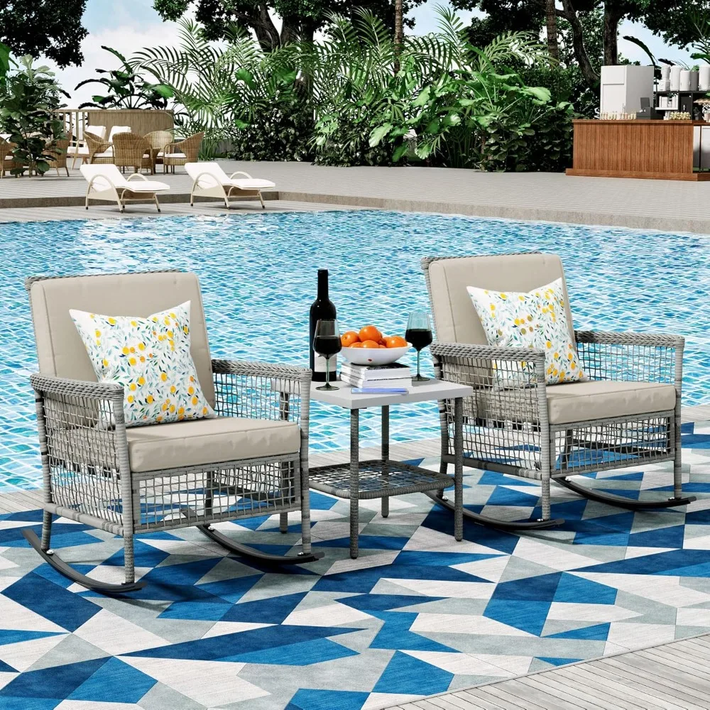 

3 Piece Patio Furniture Set with Coffee Table, Outdoor Rocking Chairs Set of 2, Rattan Wicker Lounge Chair with Cushions, Outdoo
