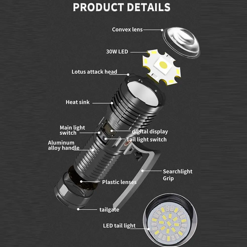 ไฟฉายแรงสูง60W + 30LED, ใหม่แหล่งกำเนิดแสงอเนกประสงค์ไฟฉายตั้งแคมป์แสดงดิจิตอล XHP360 + 30LED กันน้ำกีฬา