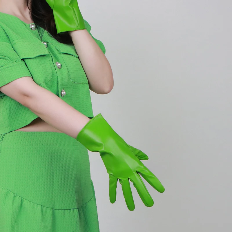 Pu 짧은 장갑 28cm 모조 가죽 높은 탄성 매트 녹색 과일 잔디 따뜻한 패션 여성