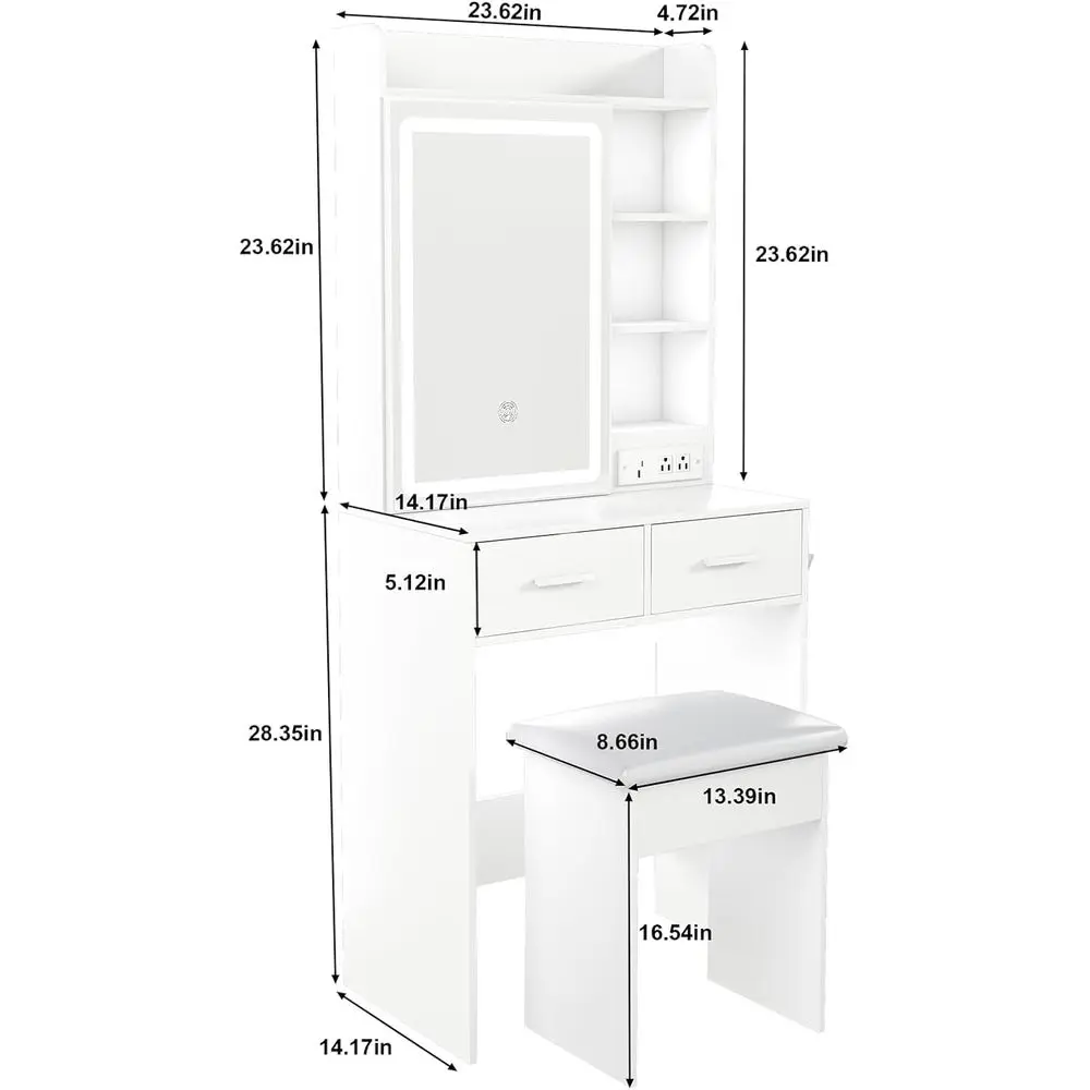 Compact Makeup Vanity Desk with Mirror, Lights, Stool, Storage, Charging Station for Women's Bedroom or Dressing Room, White