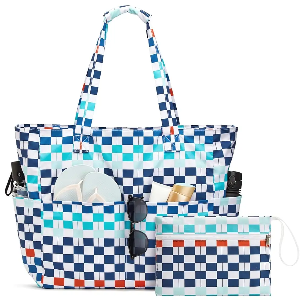 Beach Bag Waterproof Sandproof, Large Foldable Beach Tote with Zipper for Women, Pool Travel Swim Grocery Tote Bags