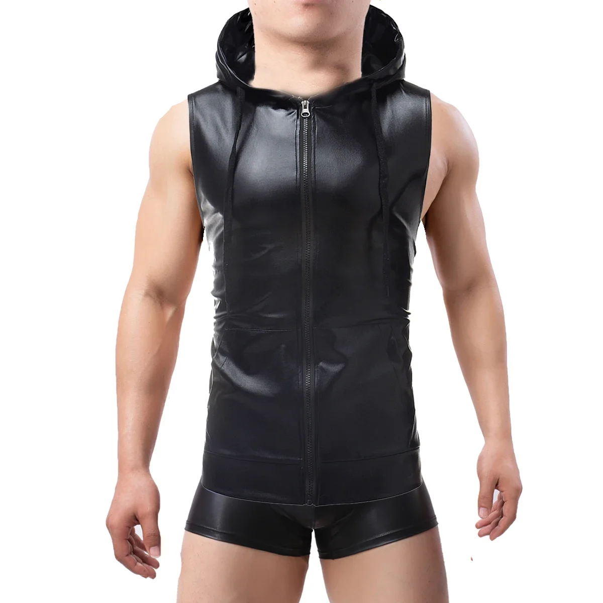 Men Metallic Sleeveless Hooded T-shirt Slim Shirt Men Tops PU Leather Boxer Shorts NightClub Wear Stage Costume Men Clothing Set