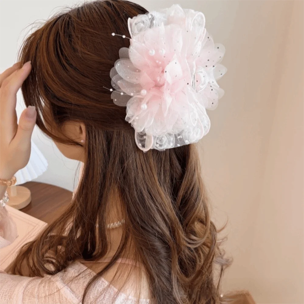 

Trendy Sweet Rose Flower Hair Claw Volumizing Elegant Beaded Tassel Jaw Clips Large Size Shark Clip Hair Accessories Wedding