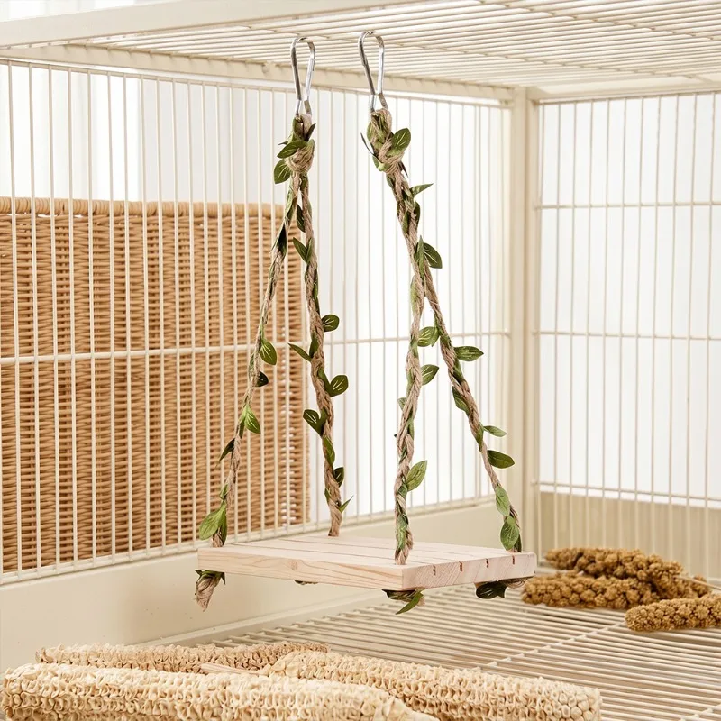1 Stück Robuste Holz-Papageienschaukel, Hängende Plattform mit Künstlichen Ranken für Wellensittiche, Nymphensittiche, Liebesvögel, Käfig-Biesterlinderung – Detail 6
