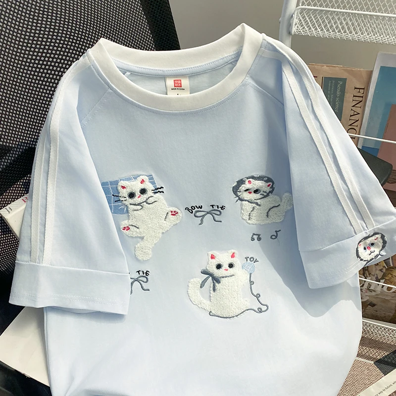 Light Blue Cotton T-shirt with Cute Cat Chenille Embroidery and Striped Sleeves Women's Casual Loose Short Sleeve Top view 3