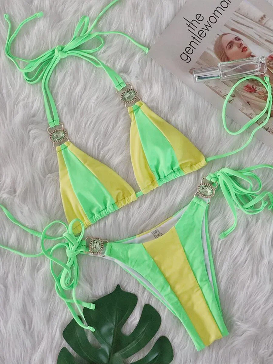 الربط الرسن مرصع بالجواهر الماس بيكيني 2025 النساء ملابس السباحة الإناث قطعتين مجموعة البكيني ثوب السباحة ملابس الشاطئ