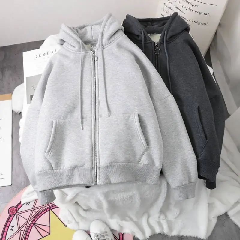 Solid Oversized Hoodie Zipper Woman Clothes Winter Plus Velvet Loose All-match Coat Casual Women\'s Sweatshirt Couple Clothes