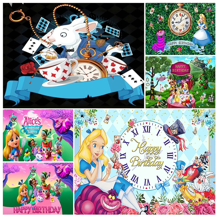 

Alice Backdrop for Birthday Party Supplies Clock Photo Backgrounds Alice in Wonderland Theme Baby Shower Banner
