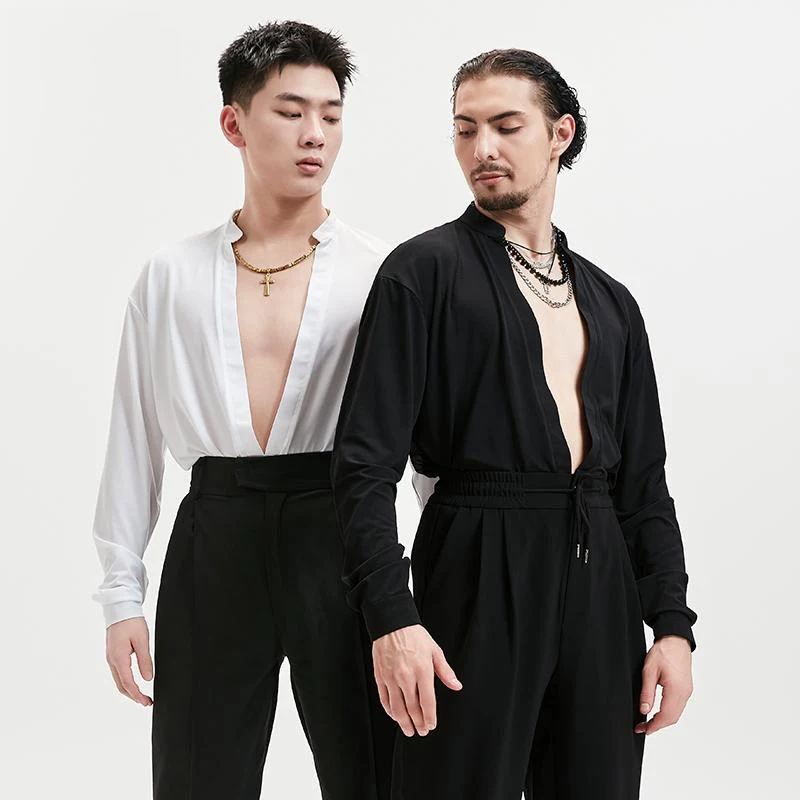 جديد الرجال ملابس الرقص اللاتينية شبكة طويلة الأكمام بلايز الكبار الذكور ممارسة الملابس تشا تشا رومبا زي الخامس الرقبة تي شيرت BL14896