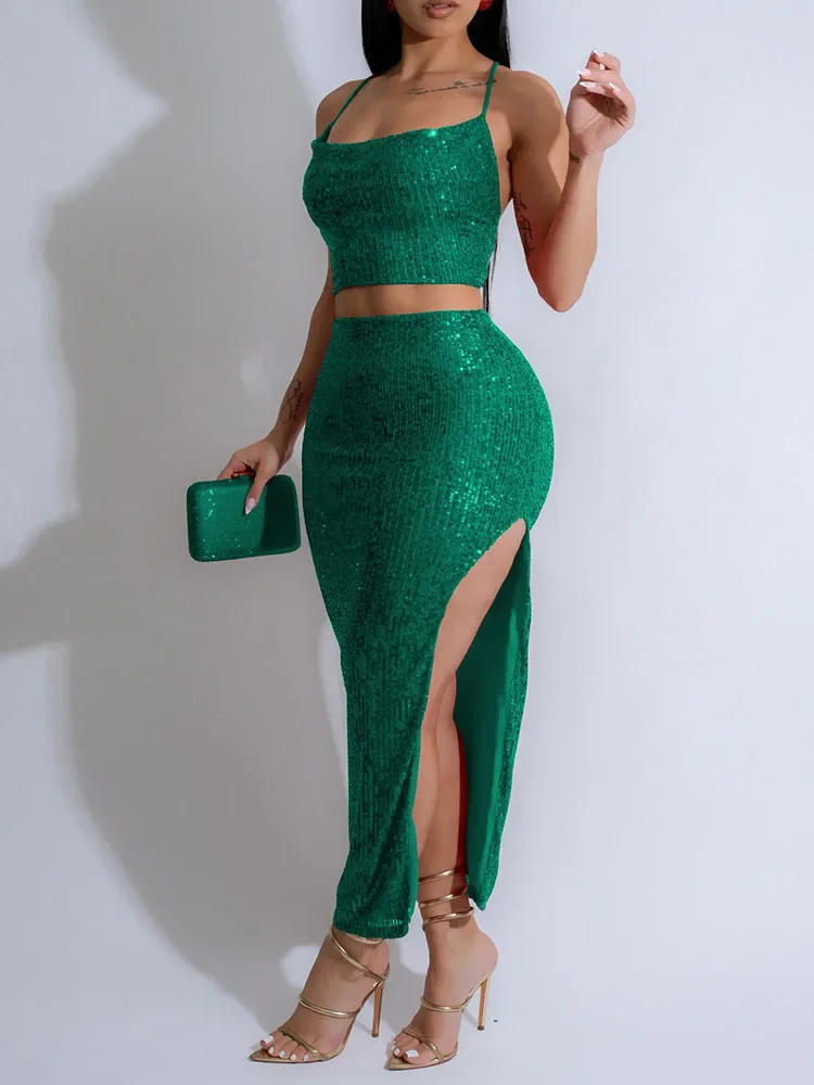 Glitter Sequined Party Maxi Dress Sets Womens 2 Piece Outfit Sexy Club Lace-up Camisole Crop Top and Long Skirt Matching Sets