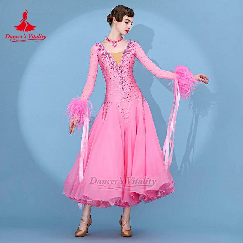 

Ballroom Dance AB Stones Dresses with Necklace Adult Women Pink Waltz Foxtrot Clothing Luxury Customized Size Dancer's Vitality