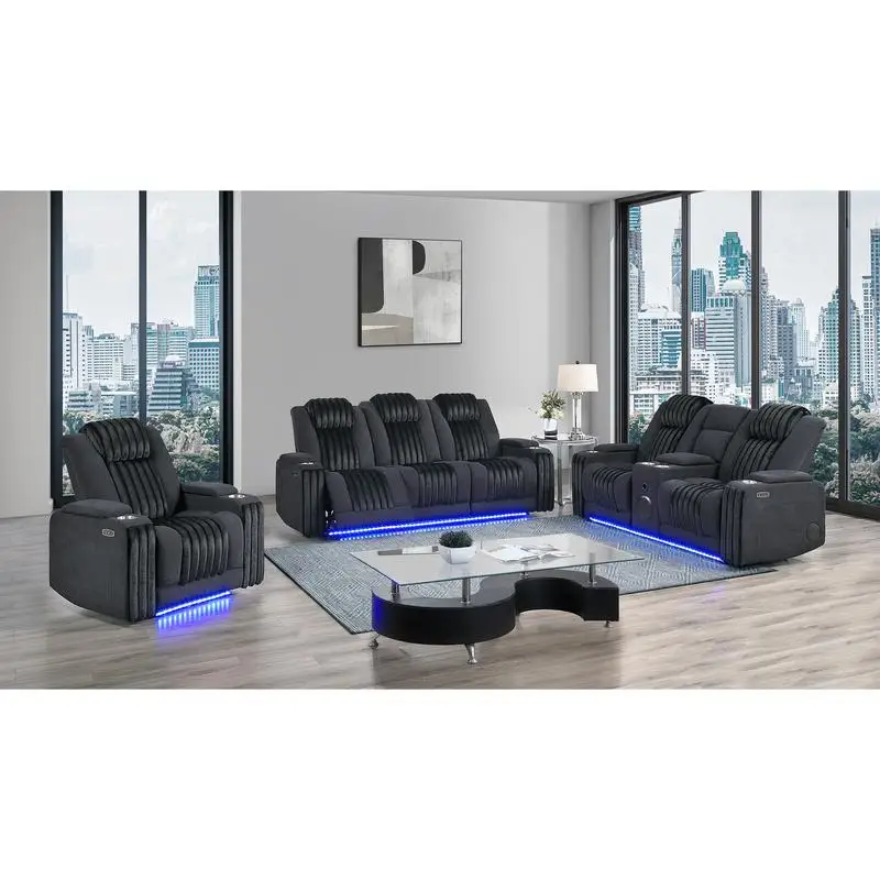 3PC Power Reclining Sofa, Loveseat & Recliner Set with Power Headrest, LED Lights & More