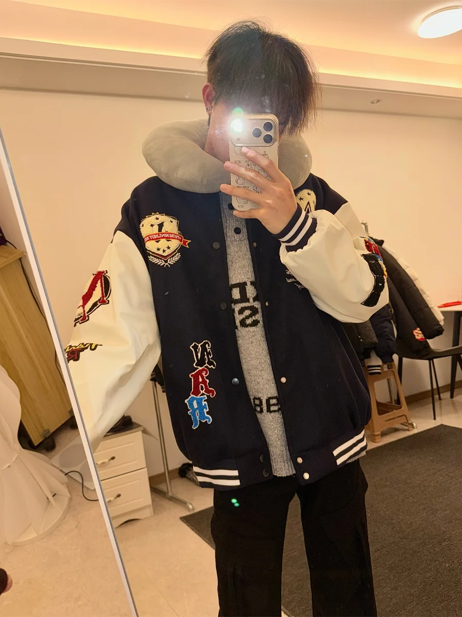 

Retro American Embroidered Baseball Jaet Loose Casual ex Splicing Color Blo Jaet Couple's Faion Outerwear