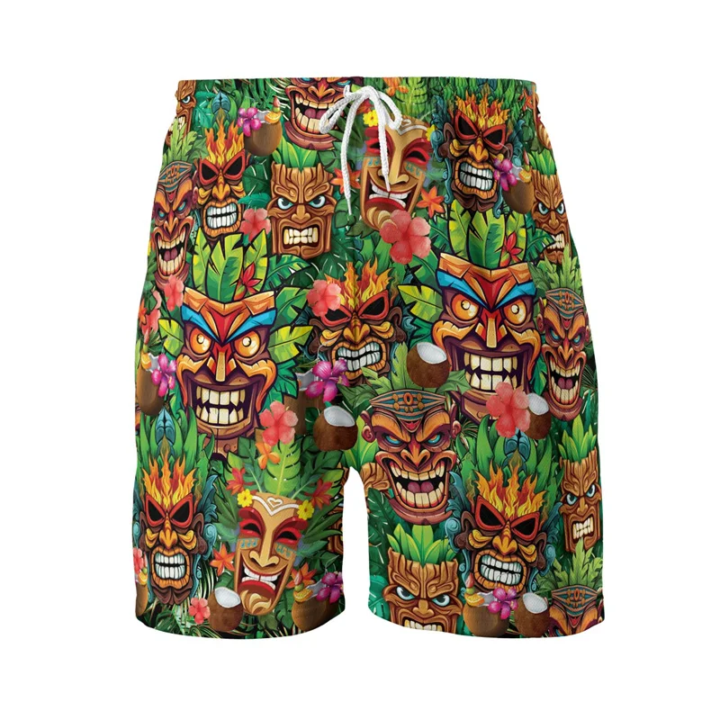 3D Print Ethnic Mask Short Pants For Men Tribal Flower Leaves Pattern Beach Shorts Fashion Casual Vacation Hawaiian Swim Trunks