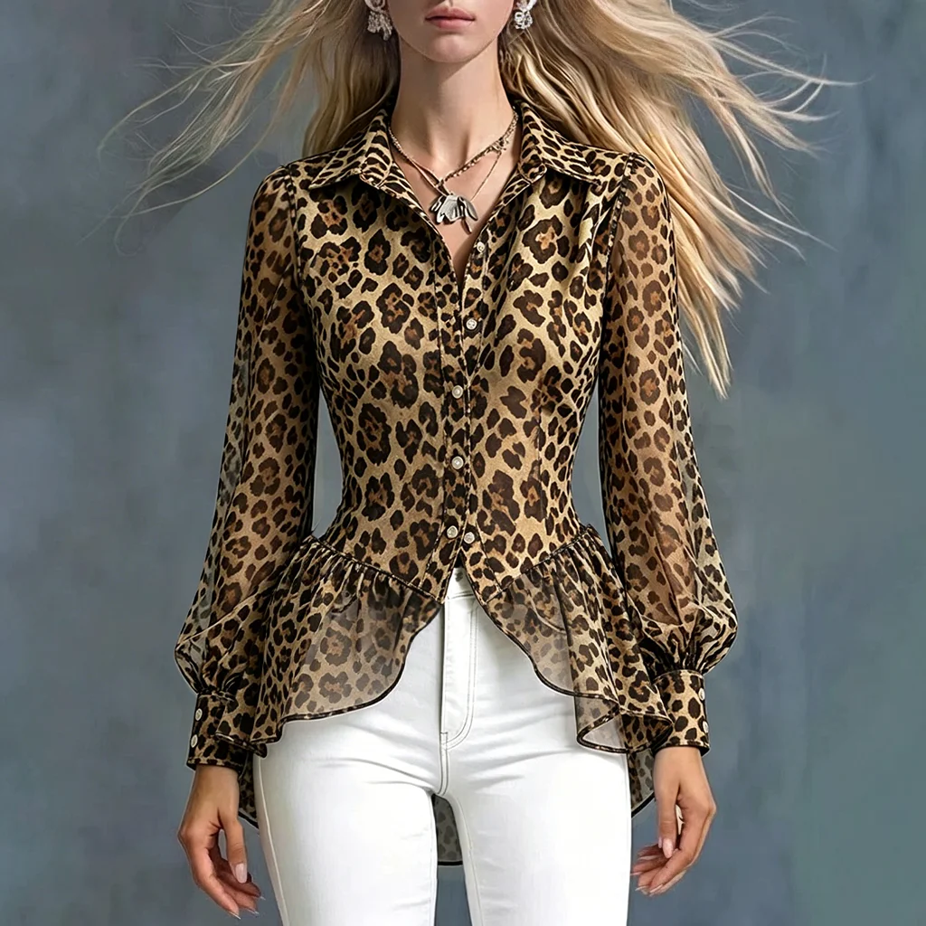 

Fashion Leopard Print Sheer Slim Fit Blouse Top for Women Turndown Collar Long Sleeve Top Summer Elegant Button Shirt Blouse