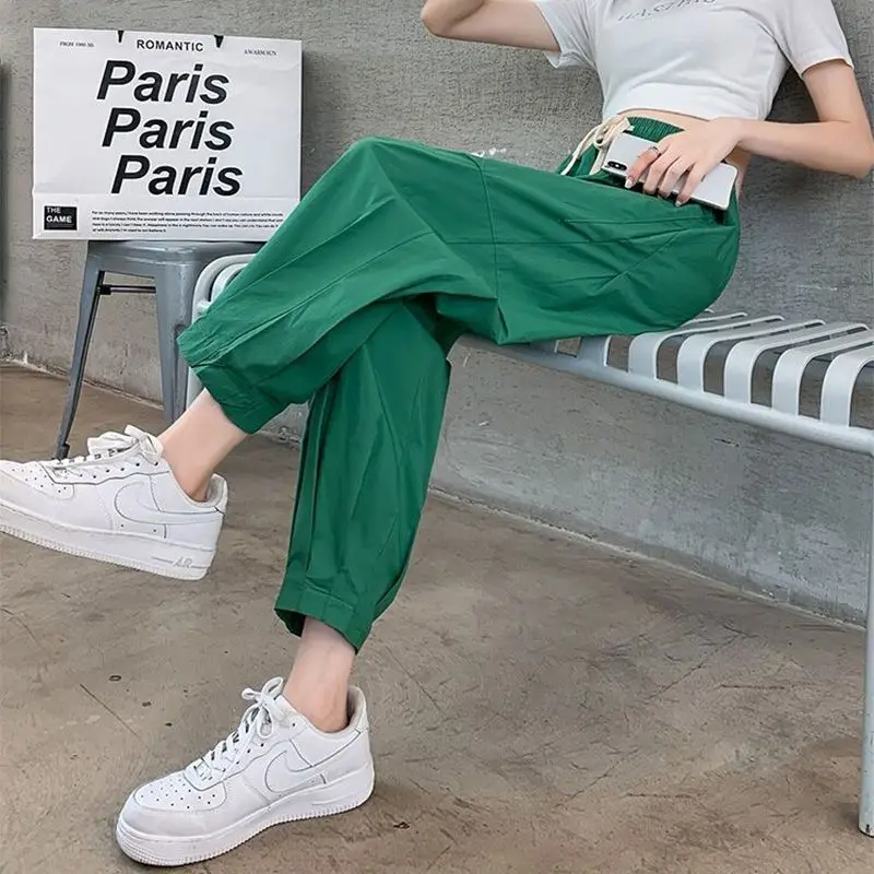 Women's Clothing Casual Loose Safari Style Drawstring Pants Spring Autumn Fashion Solid Color High Waist Pockets Cropped Pants