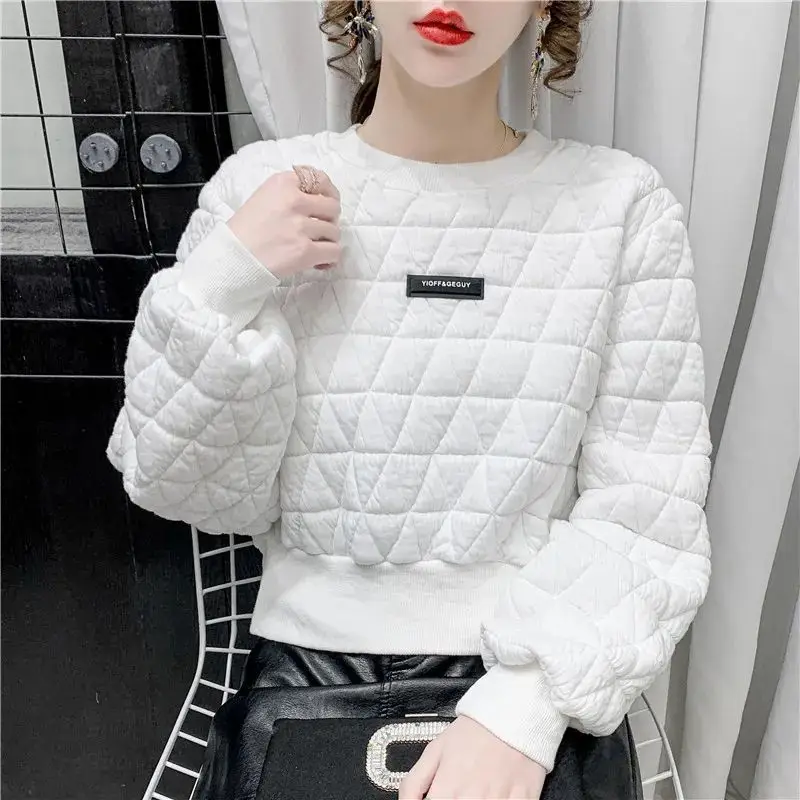 Simplicity Fashion Autumn New Women\'s Solid O-Neck Diamond Grid Labeling Korean Casual Long Sleeve Pullovers Sweatshirts Tops