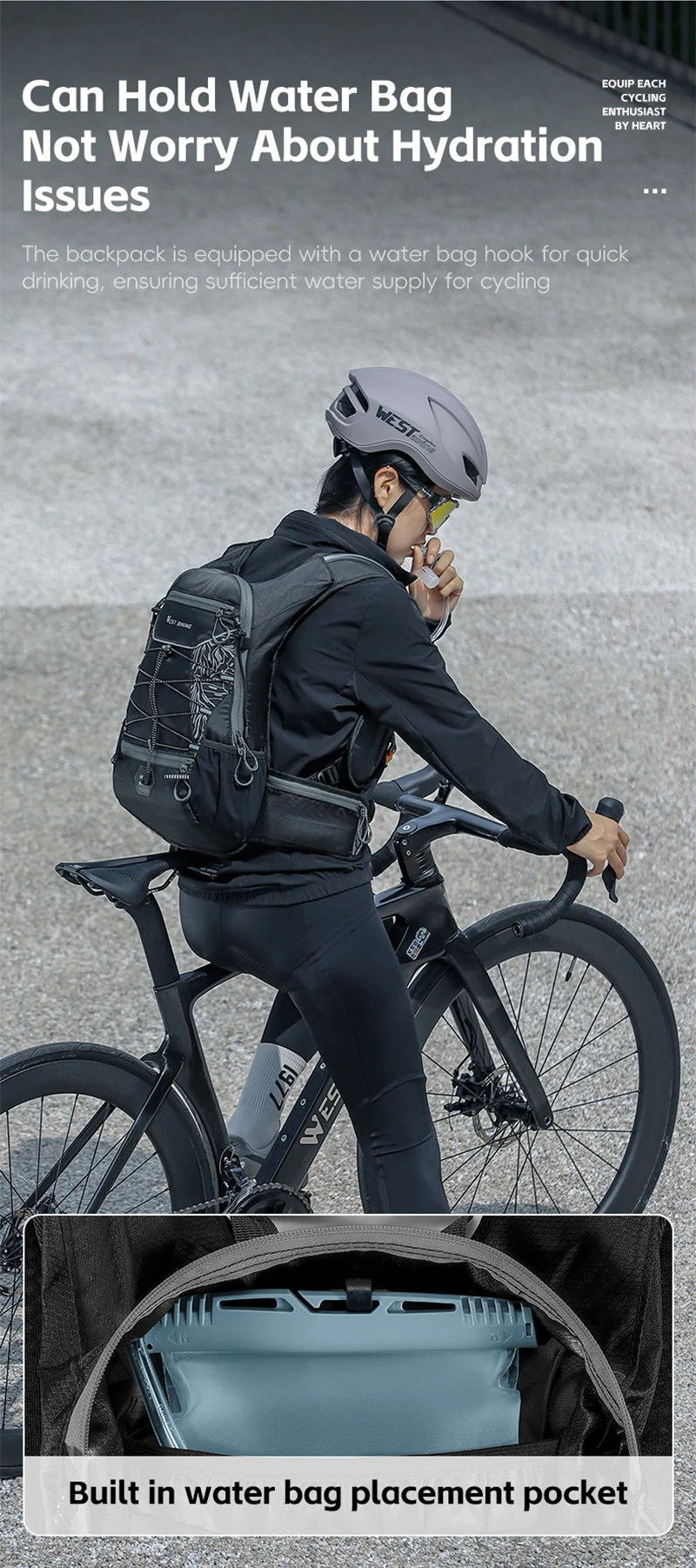 WEST BIKING Fahrradrucksack 16L Große Kapazität Outdoor Sport Klettern Wandern Fahrradtasche Ultraleichter Reise-Hydrations-Rucksack – Detail 7