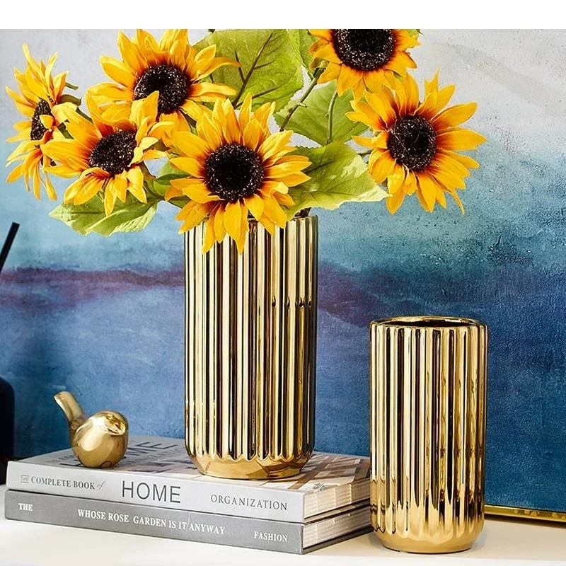 Flower Plant Arrangement Decoration Electroplating Hydroponic Wedding Home Striped American Golden Vase