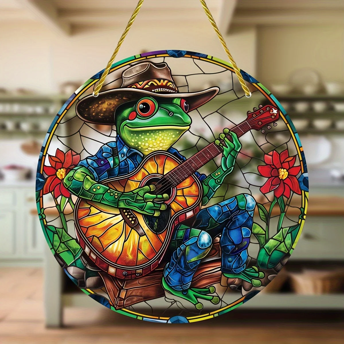 Western Cowboy Hippie Frog Suncatcher,Round Acrylic Hanging Catcher,Decorative Window Home Garden Porch Decor,Birthday Gift