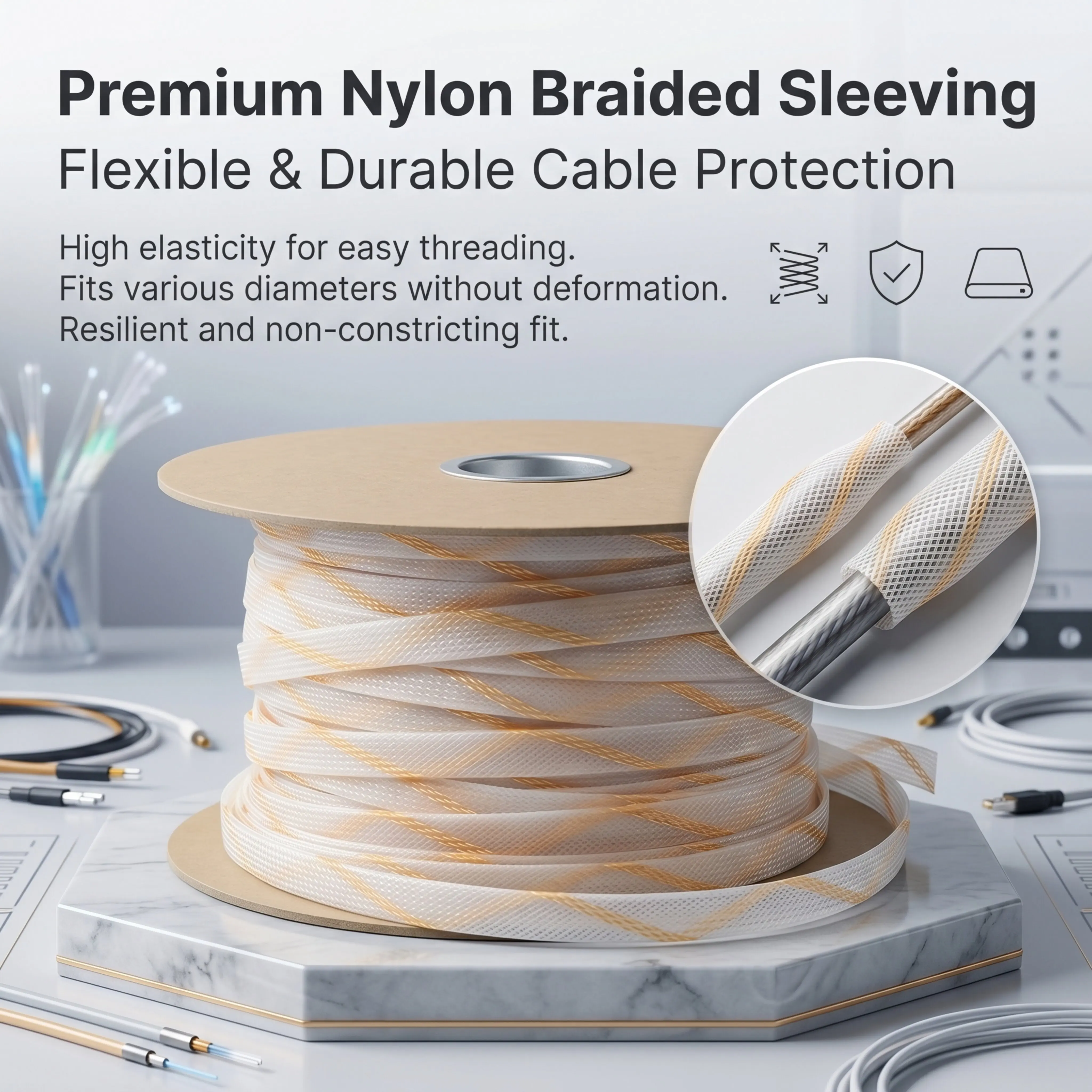 Yellow White Contrast Transparent Nylon Braided Sleeve, High Toughness PET Wire Protector Cable Harness Sheath For Wire Cable