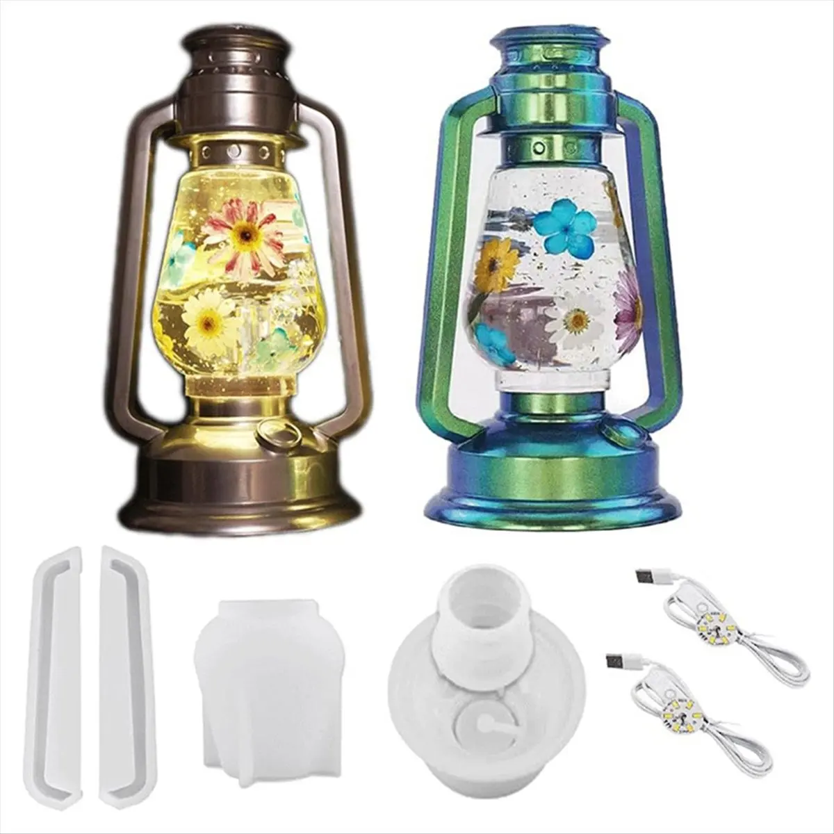 AA05 Oil Lamp Resin Molds Set, 6Pcs Epoxy Light Molds for Resin Casting with 2pcs LED Lights for DIY Retro Lantern Long One