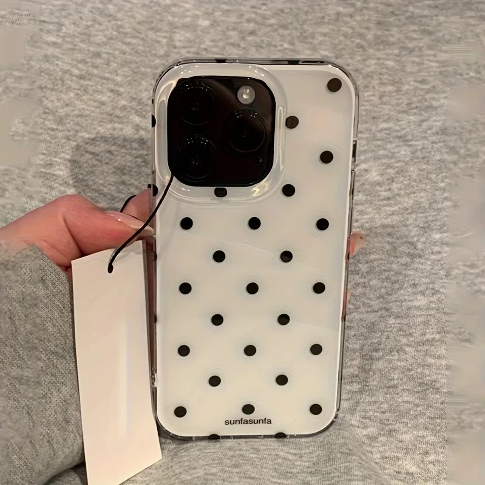 Funda de silicona a prueba de golpes con lunares blancos y negros minimalistas para iPhone 17 Air 16 Pro Max 15 14 Plus 13 12 Mini 11 5