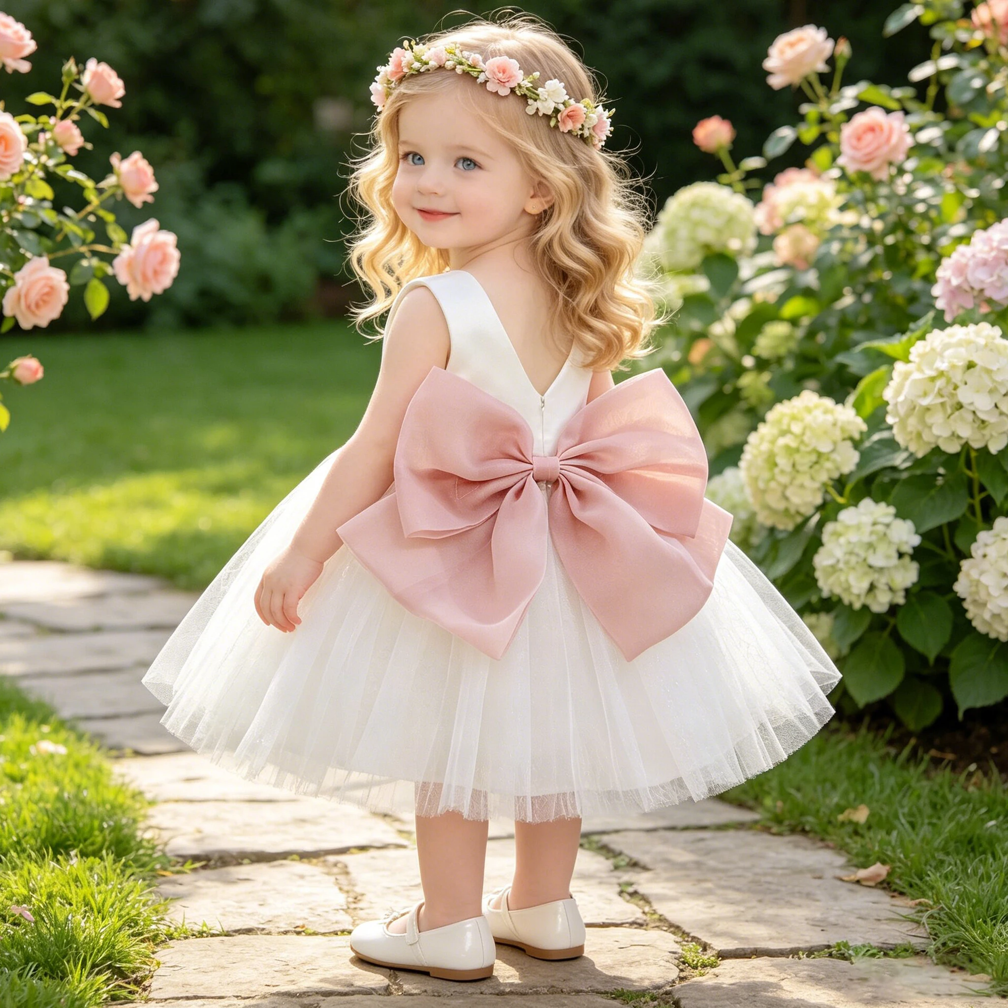 Große Schleife Taufe Baby Party Mädchen Kleid Elegant 1. Geburtstag Hochzeit Prinzessin Kostüm Kinder Gala Weiß Brautjungfer Taufkleid