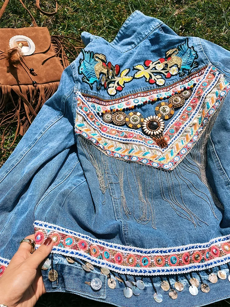 TEELYNN Boho Floral Appliques Embroidery Tassel Denim Jackets for Women Coats Casual Long Sleeve Vintage Loose Jacket Outwears