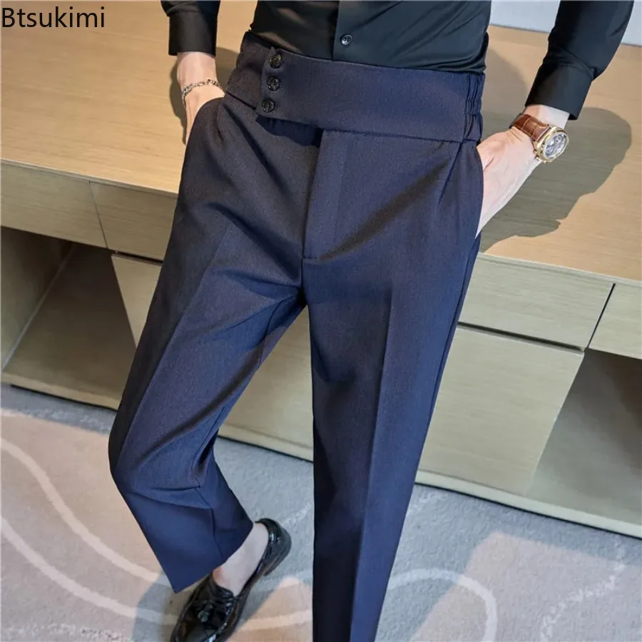 New Men's High End Naples High Waist Straight Suit Pants Autumn Male British Vintage Style Business Casual Formal Dress Trousers