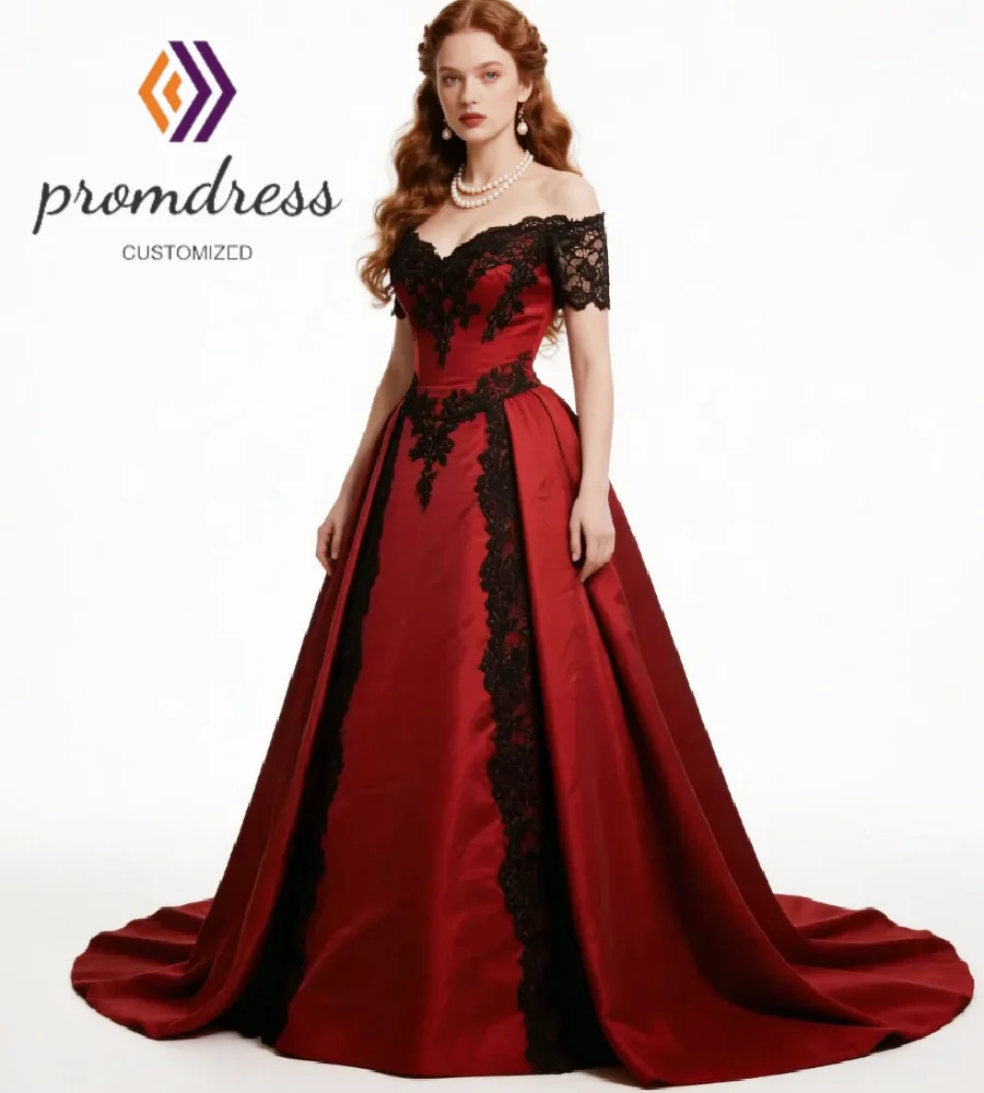 Antique Black And Red Gothic Wedding Dresses Satin Off Shoulder A Line Rustic Country Bridal Gowns Halloween Vampire Medieval